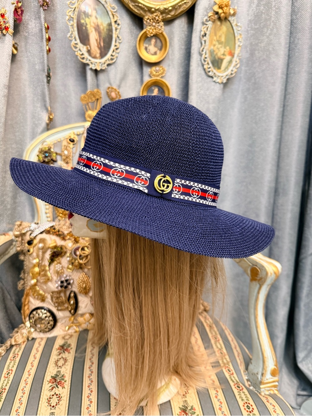 Navy Fedora Straw Hat with Red-Blue Web Trim and Gold Logo